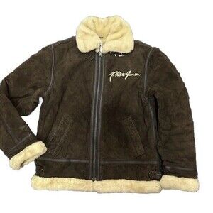 Vintage Y2K Phat Farm Size 3xL Shearling Suede Leather Bomber Aviator Coat BROWN